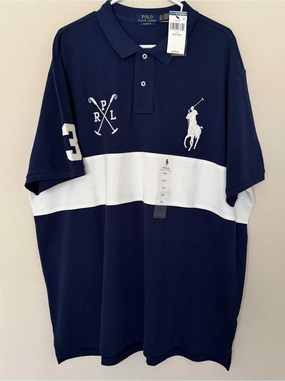 NWT Polo Ralph Lauren Men 2XL Big Pony Classic Stripe Mesh Polo Shirt Blue White